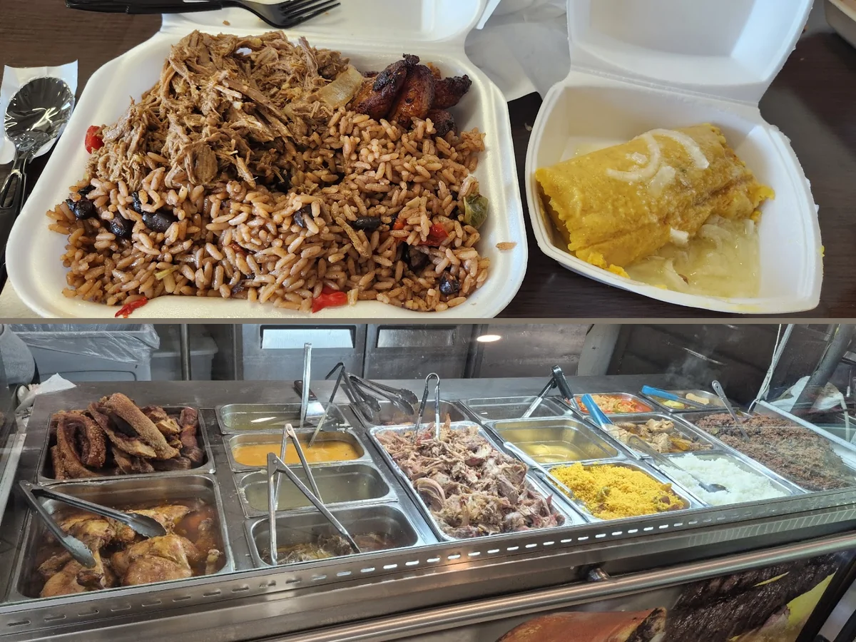 Cuban dishes plated with rice and plantains.